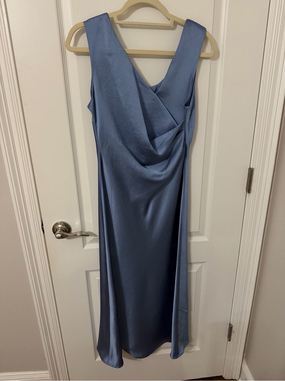 Satin blue midi dress with a versatile, reversible design